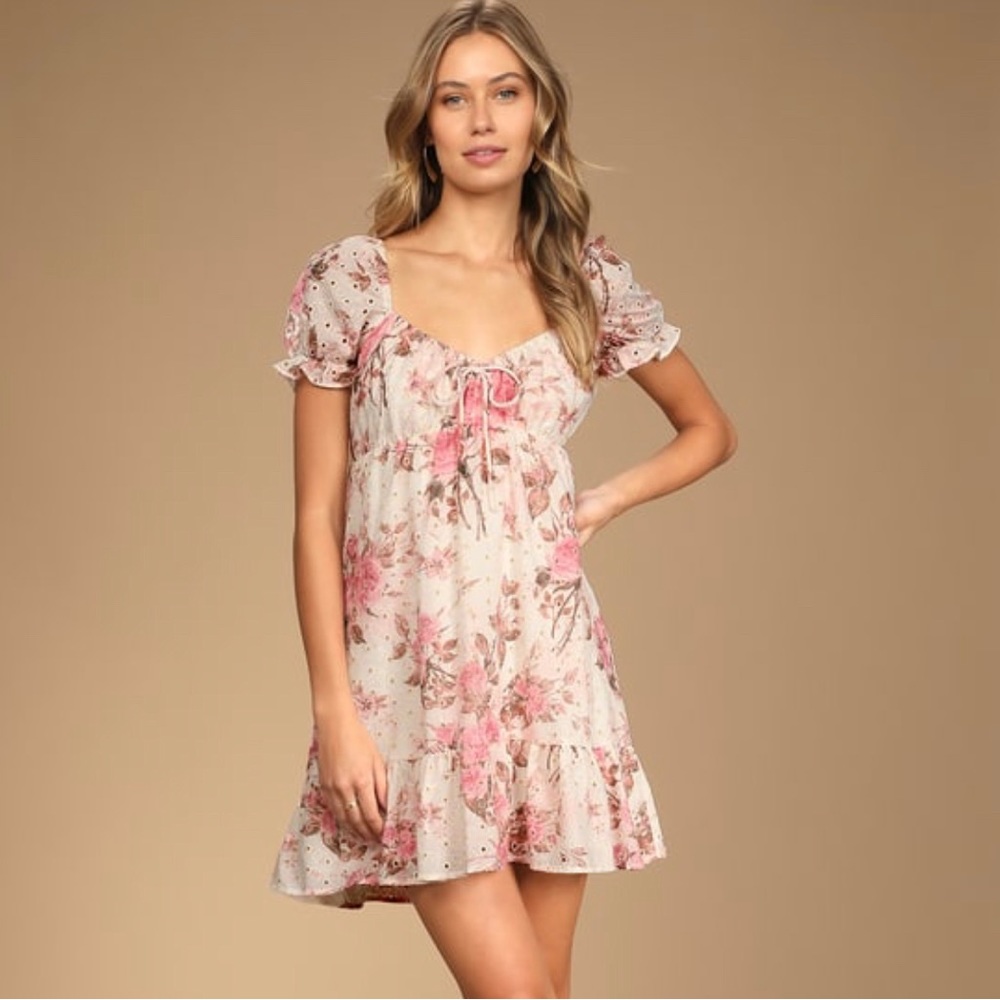 Sweetest Take White Floral Print Eyelet Babydoll Mini Dress